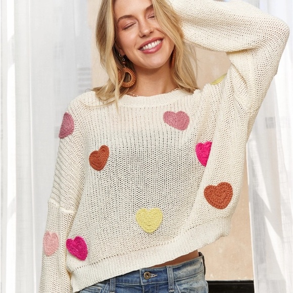 ADORA Sweaters - ADORA Cream Sweater with Colorful Hearts
